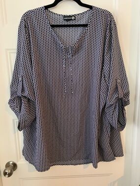 Claire France , women's light blouse  Navy & pink accentsGeometric V-Neck Blouse